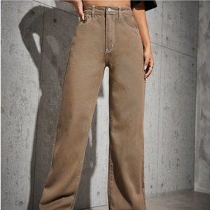 High Waisted Straight Leg Brown Jeans